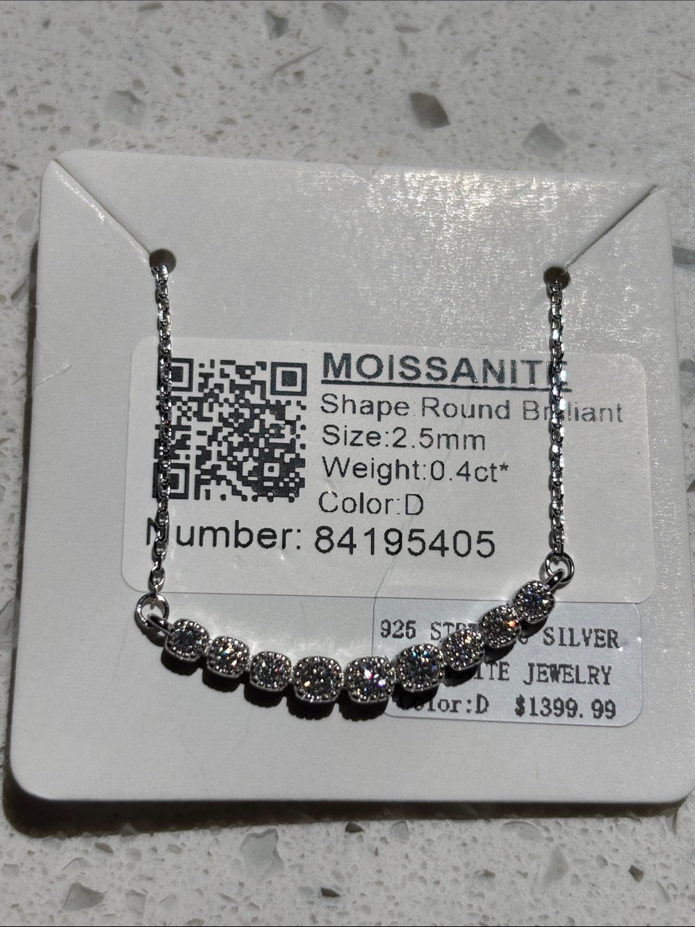 Moissanite Sterling Silver Round Bar Necklace, 2.5 mm, 0.4 ct, Color D